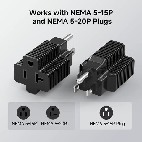 3 Pack 20 Amp To 15 Amp Plug Adapter For NEMA 5-20R Receptacles showing a pair of black 3-prong adapters