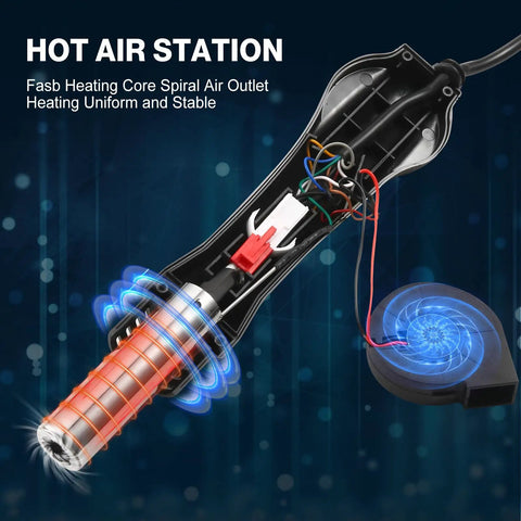 Hot air station with visible heating core and wires, part of the Slick 2 In 1 ReWork Soldering Station Rig.