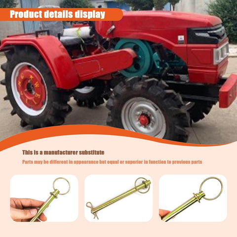 Close-up of a 1/2 x 6-1/4 inch swivel hitch pin for trailer hitches on a red tractor, showing rust-resistant finish and quick pin use.