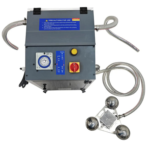 Heavy Duty Automatic Coolant Skimmer For Industrial Oil Water Separation Removes Tramp Oil And Floating Sludge To Extend Cutting Fluid Life 208-240V machine top view with controls and suction hoses.