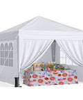 Easy Up 10x10 Pop Up Canopy With Sidewalls One Push Instant Setup showcasing candy stall inside, white canopy with open curtains.