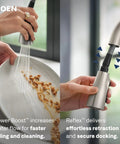 Slick Spot Resist Stainless One Handle Single Hole Pull Down Kitchen Faucet Featuring Power Boost Technology and Wrench Free Quick Connect in use rinsing a plate.