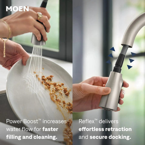 Slick Spot Resist Stainless One Handle Single Hole Pull Down Kitchen Faucet Featuring Power Boost Technology and Wrench Free Quick Connect in use rinsing a plate.