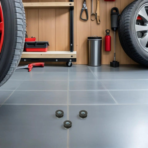 Motorcycle Rubber Grommet Kit With Metal Vibration Pads And Shock Absorbing Cushions, Buffer Washer Rings, 2 Sets For Smooth Ride And Lasting Durability, Easy Install And Wide Compatibility, three black rubber mounts on garage floor