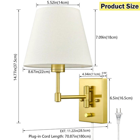 Gold Brass Swing Arm Wall Sconces Two Pack With Beige Linen Shade Plug In Wall Lamps For Bedroom And Living Room Vintage Style Cozy Vibe Easy Plug In Cord And On Off Rotary Switch