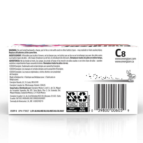 Heavy Duty C Cell Alkaline Batteries 8 Pack packaging back showing warning and recycling info for high drain gadgets.
