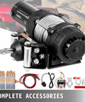 Heavy Duty Electric Winch With Wireless Remote Control And High Grade Steel Cable For SUV ATV Truck and Boat Recovery Off Road Trail Ready Gear That Pulls Like An Absolute Champ At Eight Thousand Pounds, showing winch and accessories.