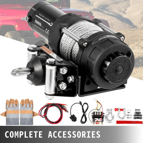 Heavy Duty Electric Winch With Wireless Remote Control And High Grade Steel Cable For SUV ATV Truck and Boat Recovery Off Road Trail Ready Gear That Pulls Like An Absolute Champ At Eight Thousand Pounds, showing winch and accessories.