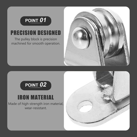 6-Piece Stainless Steel Pulley Roller With Bearing Set For Wall Mount Traction, Easy Install For Power Cables, Clotheslines, Rope Hoisting And Heavy Duty Cable Management. Close-up of stainless steel pulley and iron mount