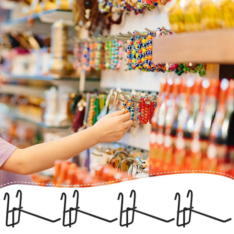 Close-up of retail display using 4 Inch Grid Wall Hooks Set 25 Pcs Stainless Steel Grid Panel Hangers for wall mount storage, black.