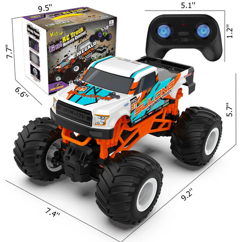 One Sixteen Scale RC Monster Truck For All Terrain 2.4GHz Dope Off Road Vehicle with controller and box, orange, 1:16 scale