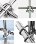 CYCOOPE stainless steel cross pipe clamp, U-shaped 32mm×32mm, 4-pack for greenhouse frames
Side view of stainless steel U-shaped cross pipe clamp securing tubing
Close-up of threaded bolt and clamp around a stainless steel tube
Installed view of the clamp on a vertical tube with cross tubing in a metal frame
