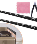 Extra Wide 25.6 Inch Stainless Steel Stove Gap Covers With Buckle Installation No Tape Needed Heat Resistant Easy To Clean Kitchen Gap Guards To Seal Gaps Between Stove And Counter, shown with pink cloth and tool