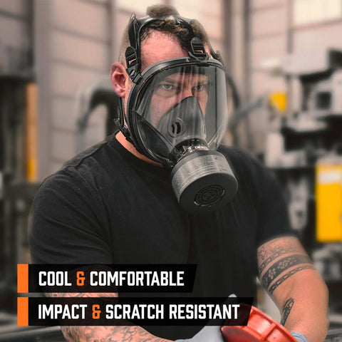 Industrial Grade Full Face Gas Mask With 40mm NATO Filter Compatibility And Advanced Valve Design worn by a person in industrial setting