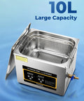 Heavy Duty Ultrasonic Cleaner With Built In Heater And Digital Timer Stainless Steel 10 Gallon Basin for parts, showing 10L capacity.