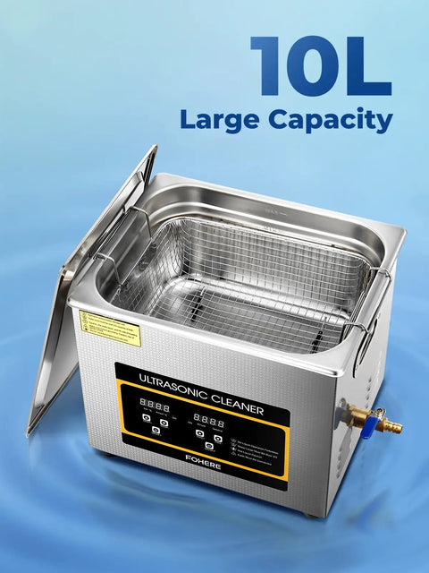 Heavy Duty Ultrasonic Cleaner With Built In Heater And Digital Timer Stainless Steel 10 Gallon Basin for parts, showing 10L capacity.