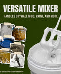 Mix It 20 Inch Mud And Paint Mixer With Durable ABS Paddle blending white plaster in a bucket, showing versatility in use.