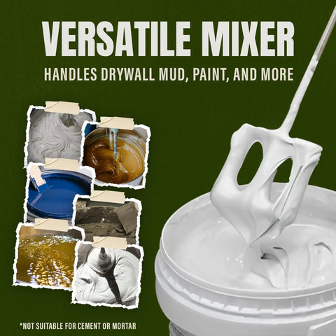 Mix It 20 Inch Mud And Paint Mixer With Durable ABS Paddle blending white plaster in a bucket, showing versatility in use.