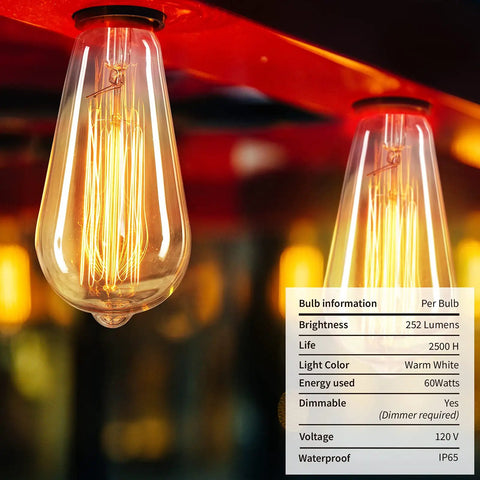 LED Edison Bulbs 60W Equivalent, E26 Base, Warm White, 6 Pack hanging in a fixture, showcasing vintage warm glow and shatterproof design