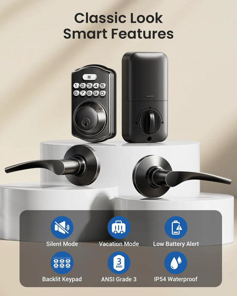 Keyless Front Door Lock With Dual Lever Handles Electronic Keypad Deadbolt Easy Install Smart Lock Set Auto Lock One Touch Locking Matte Black Finish Share 20 Permanent Codes And Guest One Time Passcodes in matte black featuring electronic keypad and dual lever handles