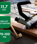 2 In 1 Flooring Nailer And Stapler For 16 Gauge L Shaped Cleats And 15.5 Gauge One Half Inch Staples on wood floor with mallet