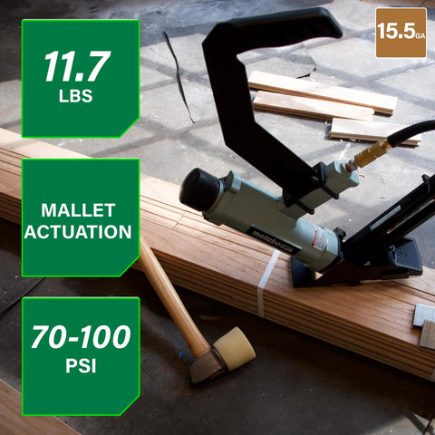 2 In 1 Flooring Nailer And Stapler For 16 Gauge L Shaped Cleats And 15.5 Gauge One Half Inch Staples on wood floor with mallet