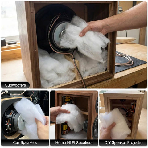 Oversized Heavy Weight Polyester Fiber Speaker Damping Fill Sheet Tough As Nails Acoustic Stuffing For Diy Subwoofer Enclosures being inserted in a subwoofer.