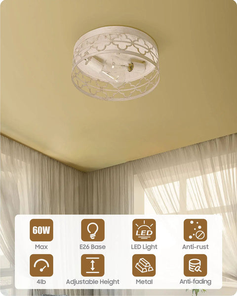 Semi Flush Mount Ceiling Light Fixture In Modern Farmhouse Style With Antique White Finish, Quatrefoil Drum Shade, 13 Inch