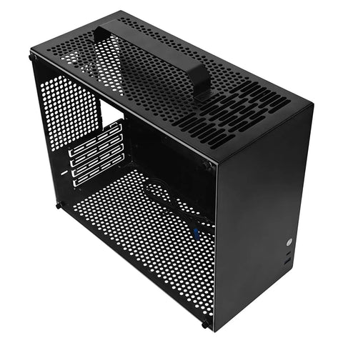 V500 Mini Portable ITX Case with handle, full side transparent acrylic panels, black, supports up to 320mm GPU; tool-free assembly.