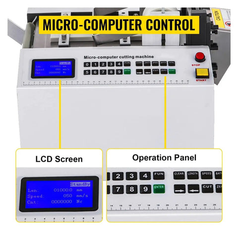 Fully Automatic Heat Shrink Tube Cutter With 250W Electric Blade And Micro Computer Control For Precision Cutting Of Sleeve Rubber Cable Pipe And Film Great For Electronics And Auto Parts Projects In Stainless Steel Build with micro-computer control and LCD display.