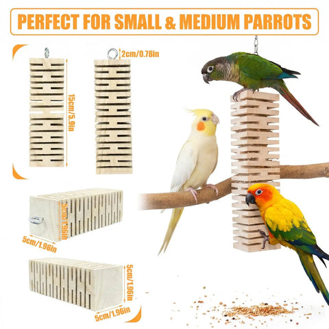 Safe Untreated Ultra Soft Balsa Wood Foraging Toy With Canyon Groove Design For Small Parrots Enrichment Interactive Destructible Chew Toy With Stainless Steel Hook For Green Cheek Conures Cockatiels on a branch with green cheek conure and cockatiel.