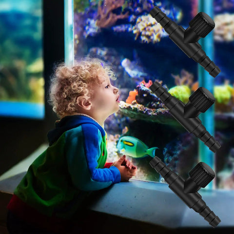Child looking at aquarium with three Aquarium Air Control Valve 30 Pack 2 Way T Shaped Flow Regulators displayed.