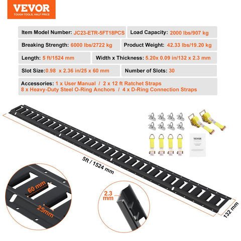 5 Foot E Track Tie Down Rail Kit With 18 Pieces, including a rail, O Ring Anchors, and ratchet straps, load capacity 2000 lb