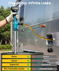 Cordless Stick Water Pump With 2.2 Inch Head transferring liquid from drum to RV, showing compatibility with water and diesel.
