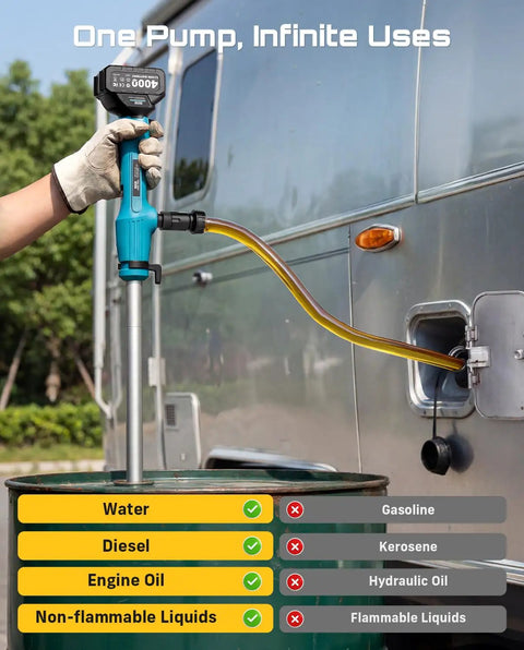 Cordless Stick Water Pump With 2.2 Inch Head transferring liquid from drum to RV, showing compatibility with water and diesel.
