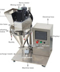 No Sweat Plug And Play Semi Automatic 10 To 200 Gram Powder Filler Machine with clear viewport and mixer for coffee milk feed sugar granule packing quick setup gear, showcasing components.