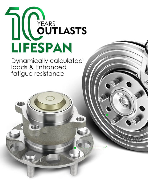 Set Of 2 Rear Wheel Bearing And Hub Assembly For Honda Accord 2013 2014 2015 2018 2019 2020 2021 2022 2023 And Acura TLX 2015 2020 5 Lug Fit OE 512544 BR930856 Heavy Duty Reinforced Bearings For Smooth Ride, showcasing 10-year lifespan and enhanced fatigue resistance.