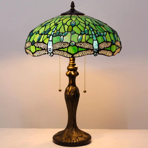 Tiffany Style Stained Glass Table Lamp With Green Dragonfly Shade, 16 Inch Wide, 24 Inch Tall, Antique Bronze Base, Pull Chain