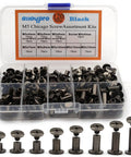 Rock Solid 120 Piece Chicago Screws Assorted Kit With Eight Mixed Screw Rivet Sizes Featuring Phillips Head Gun Metal Finish in organized container.