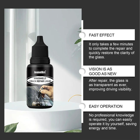DIY Glass Repair Kit for Windshields and Windows, Fix Chips and Cracks Fast With Invisible Care Liquid bottle on table with text highlights