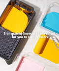 5.9 Inch Paint Tray Liner Set With 4 Inch Roller Frame Includes Ten 4 Inch Foam Roller Covers, A 4 Inch Roller Handle, Black 4 Inch Paint Tray, And Three Transparent Trays For Clean, Precise Detail Painting On Water And Oil Based Finishes, shown with colorful paint.