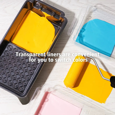5.9 Inch Paint Tray Liner Set With 4 Inch Roller Frame Includes Ten 4 Inch Foam Roller Covers, A 4 Inch Roller Handle, Black 4 Inch Paint Tray, And Three Transparent Trays For Clean, Precise Detail Painting On Water And Oil Based Finishes, shown with colorful paint.