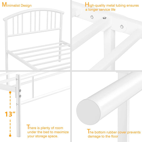 Rock Solid Heavy Duty White Twin Bed Frame With Headboard And Footboard Metal Platform Base Steel Slat Support side and detail views.