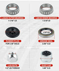 Parts of Two Piece 3500 Lb Trailer Hub Kit With 5 Lug 4.5 Inch Pattern including bearings, seals, plugs, and nuts.