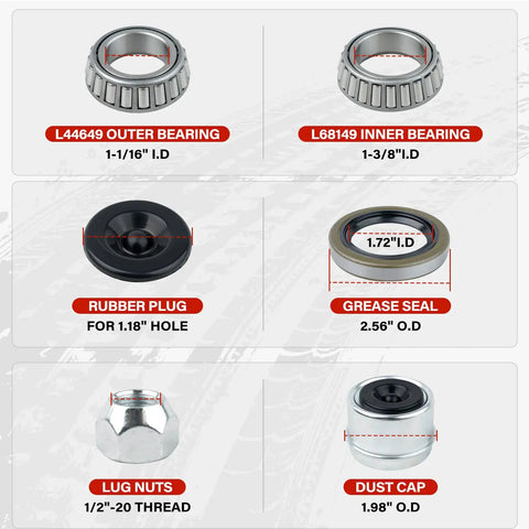 Parts of Two Piece 3500 Lb Trailer Hub Kit With 5 Lug 4.5 Inch Pattern including bearings, seals, plugs, and nuts.