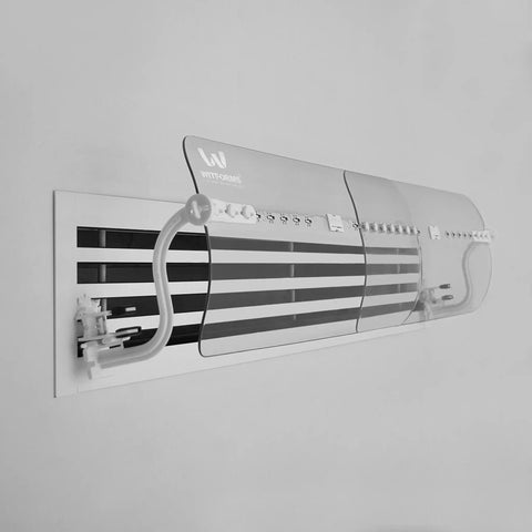 Adjustable AC Air Deflector Grille, Extends From 24 To 43 Inches, 360 Degree Rotatable Vent Shield, Clear Transparent Design installed
