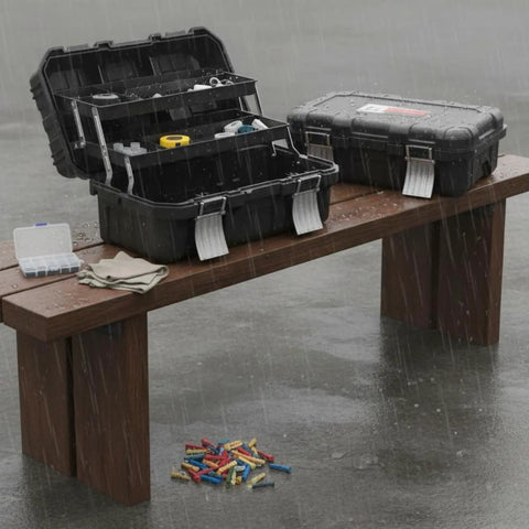 Open Heavy-Duty Folding Three-Tier Cantilever Tool Chest on a bench in rain, 19-Inch Portable Organizer