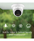 Top Shelf 4K Dome Security Camera With PoE Outdoor Surveillance showing IP66 weatherproof design for indoor and outdoor use.