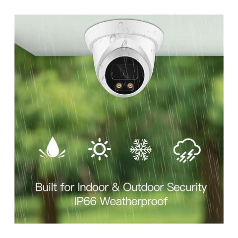 Top Shelf 4K Dome Security Camera With PoE Outdoor Surveillance showing IP66 weatherproof design for indoor and outdoor use.