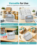 Top Shelf Qwerty Label Maker Featuring Waterproof Build And Portable Slick Design With Type C And Battery Power For Stress Free Home Office Organization Including One White 12mm Core Tape in kitchen, office, school, and gift settings.